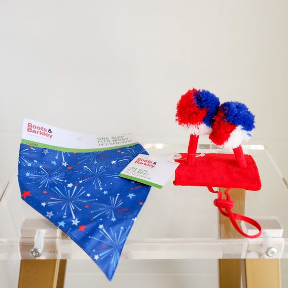 Boots & Barkley Pom Pet Headwear and Fireworks Bandana Red White and Blue - Picture 1 of 6